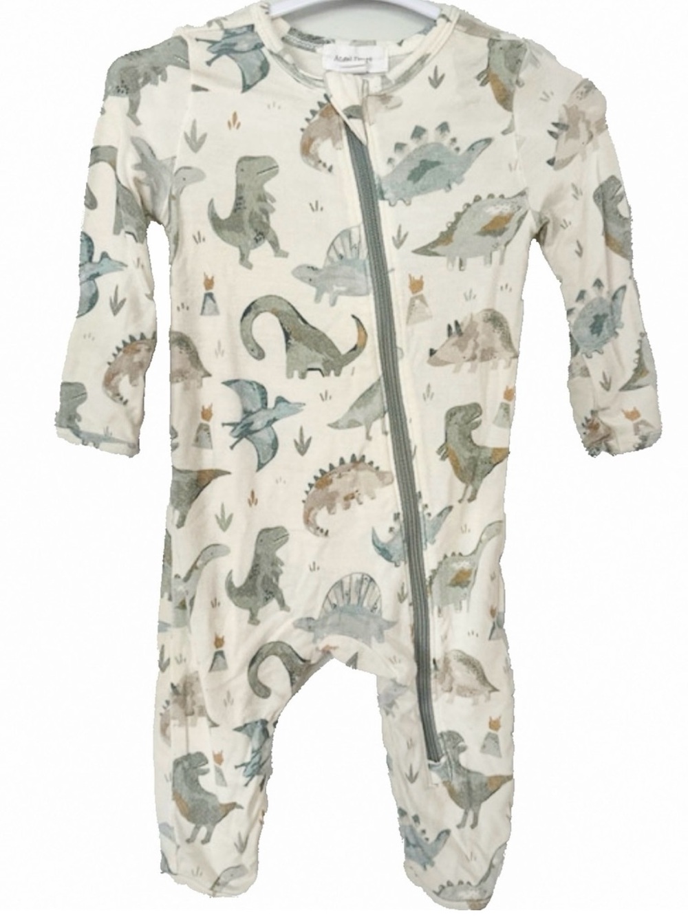 Angel Dear Cream Dinosaur Zip One-Piece with Green and Tan Accents
